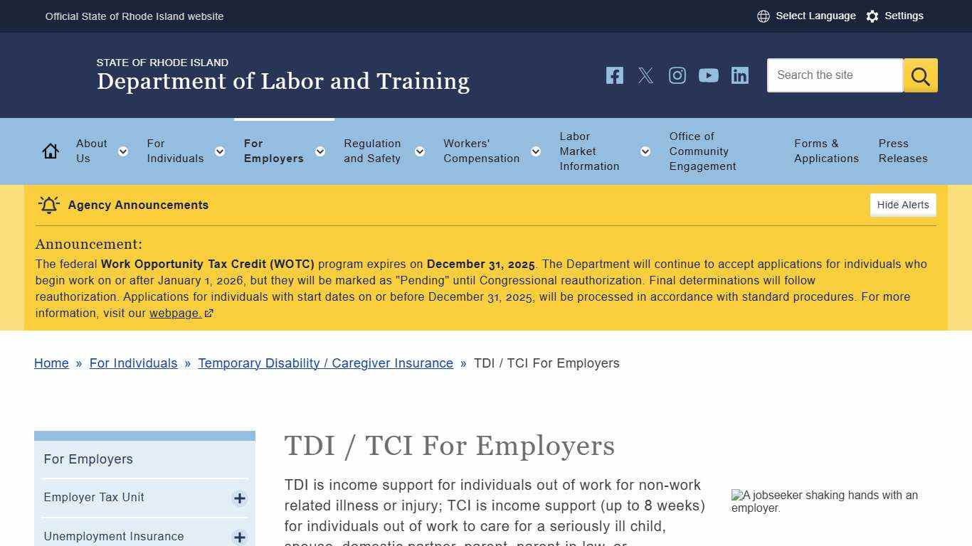 TDI / TCI For Employers | RI Department of Labor & Training