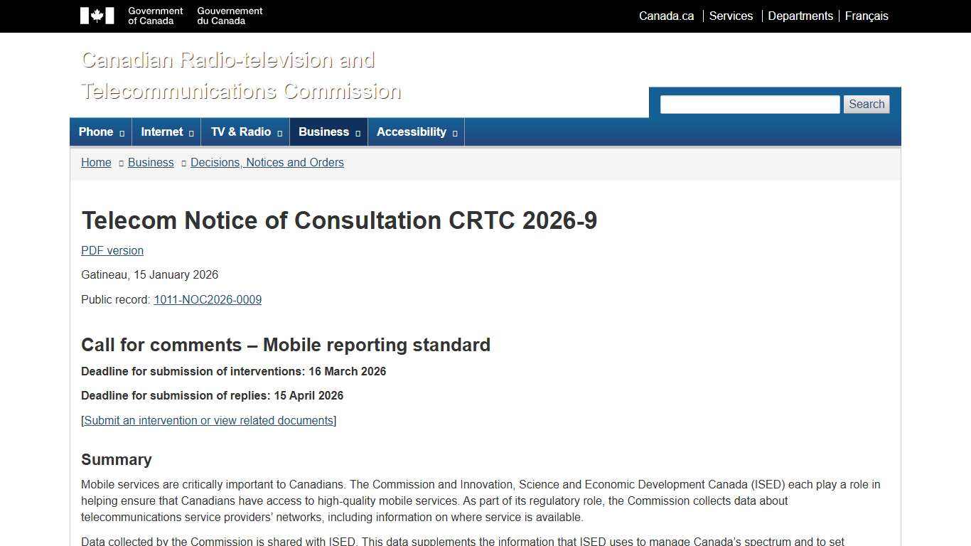 Telecom Notice of Consultation CRTC 2026-9 | CRTC