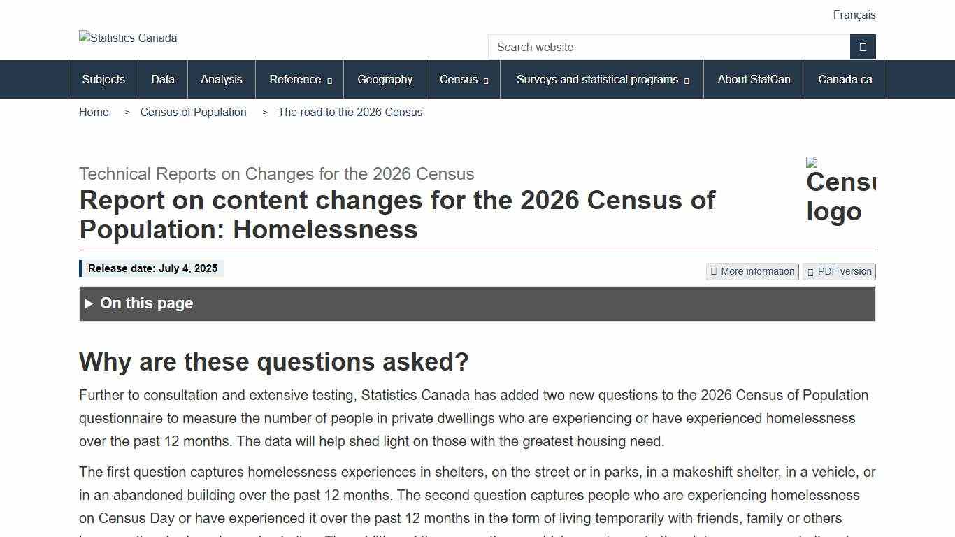 Report on content changes for the 2026 Census of Population: Homelessness